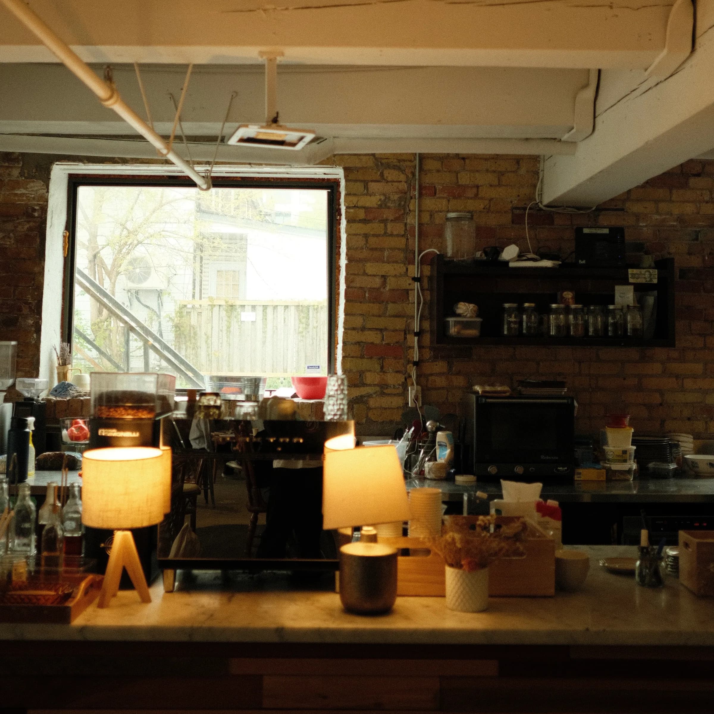 A warmly lit cafe interior